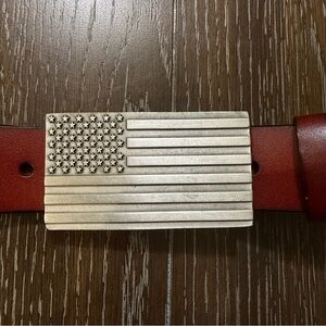 Indiana Metal Craft American Flag Belt Buckle Pewter on Brown Leather Belt 34”